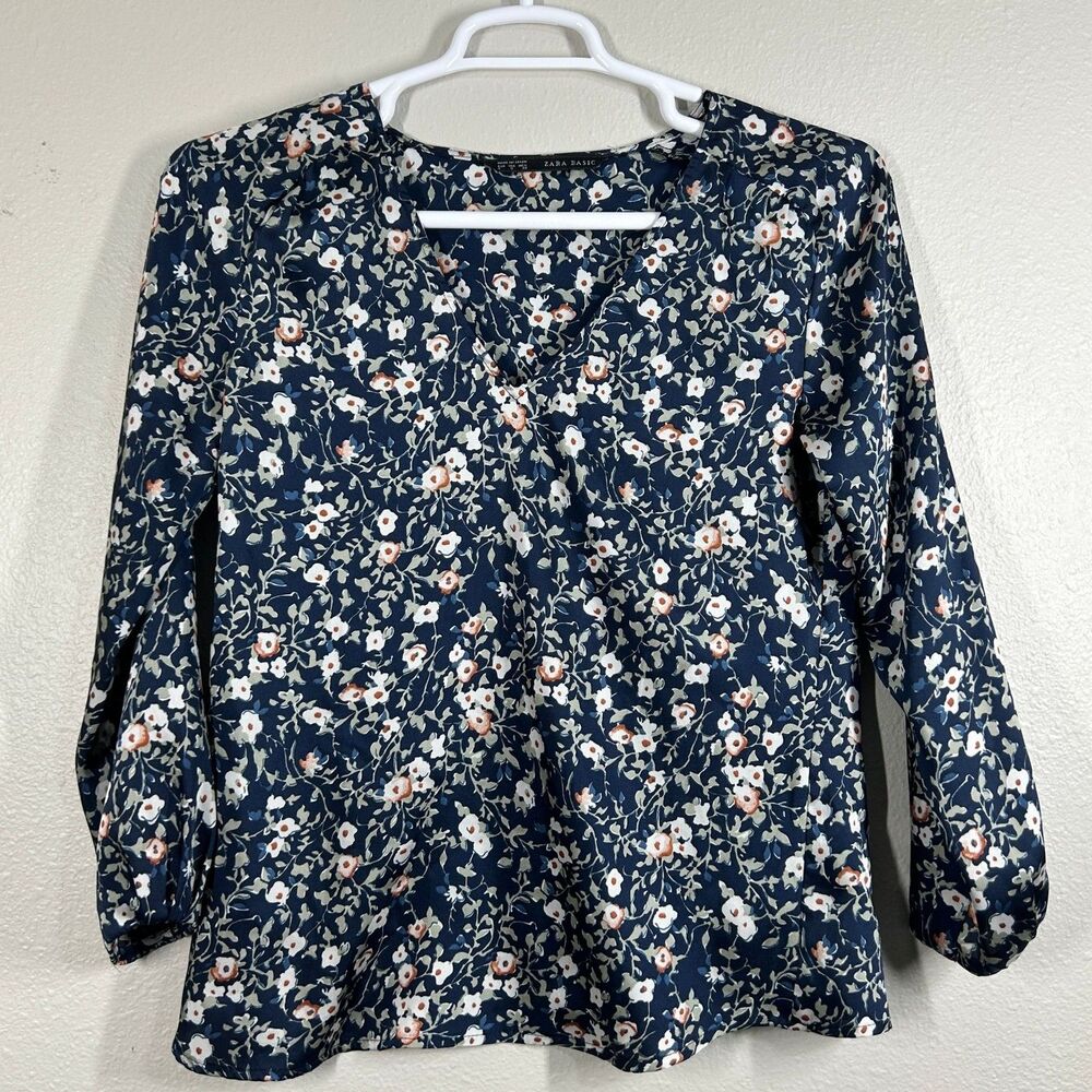 Zara Basic Blouse Womens S Navy Floral V-Neck Long Sleeve Flowy Top Pullover